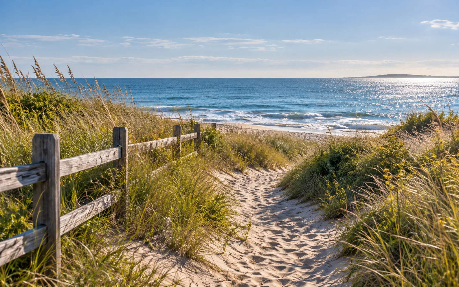 A sunlit coastal path opening toward the ocean